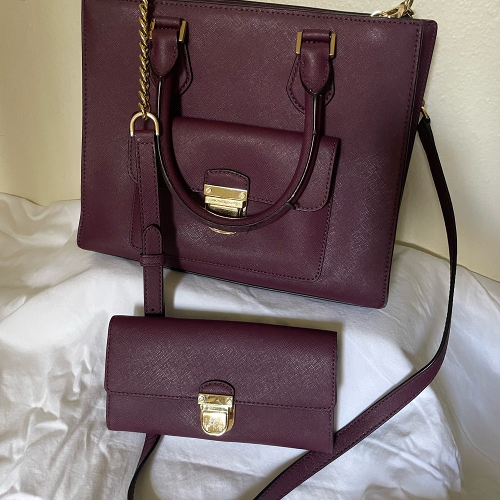 Burgundy Eggplant Handbag and Wallet Set